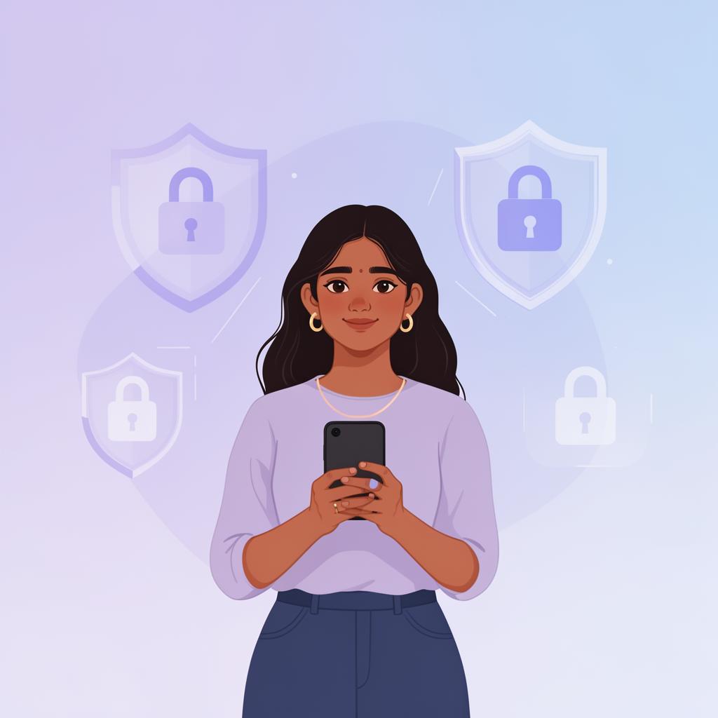 Young Pakistani woman confidently using her phone with digital safety symbols